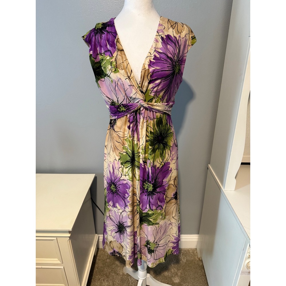 Jones New York Floral Empire Waist V-Neck Midi Dress Purple Green Tan Size 10